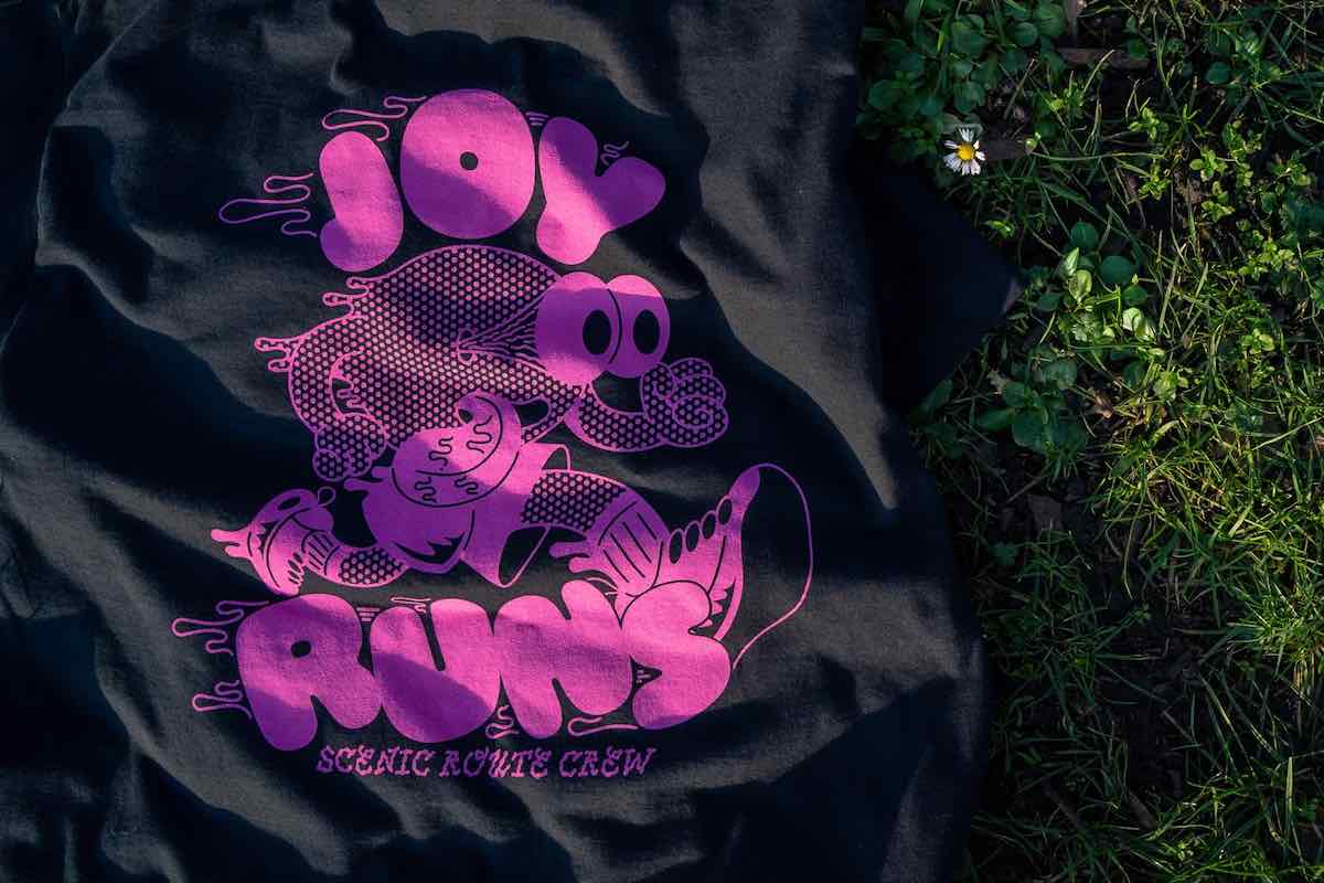 Joy Runs - Scenic Route Crew - black t-shirt with purple design